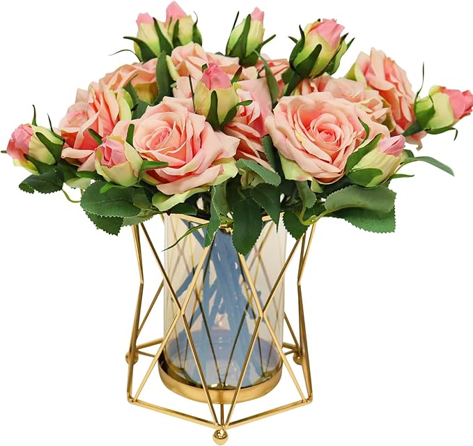 Faux Flowers with Vase, Silk Roses Bouquet Artificial Flowers in Vase, Fake Flowers Floral Arrangement for Home Decor Indoor, Table Centerpieces Flowers Decoration for Farmhouse (Pink)