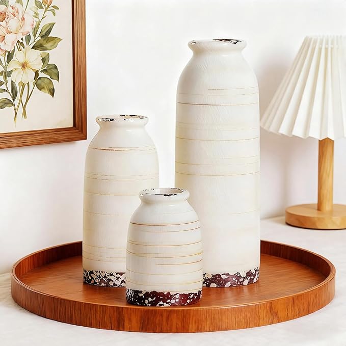 Ceramic Vase Set of 3 – Handcrafted Modern Farmhouse Decorative Vases for Boho Living Room Centerpieces, Entryway Decorations, Coffee Table, Bookshelf, Fireplace Mantel