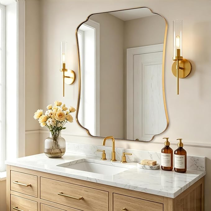 ANDY STAR 36x48 Inch Brushed Gold Bathroom Mirror, Luxury Brass Scalloped Wall Mirror with Stainless Steel Frame, Large Decorative Wave-Edge Vanity Mirror for Living Room, Entryway, Bedroom