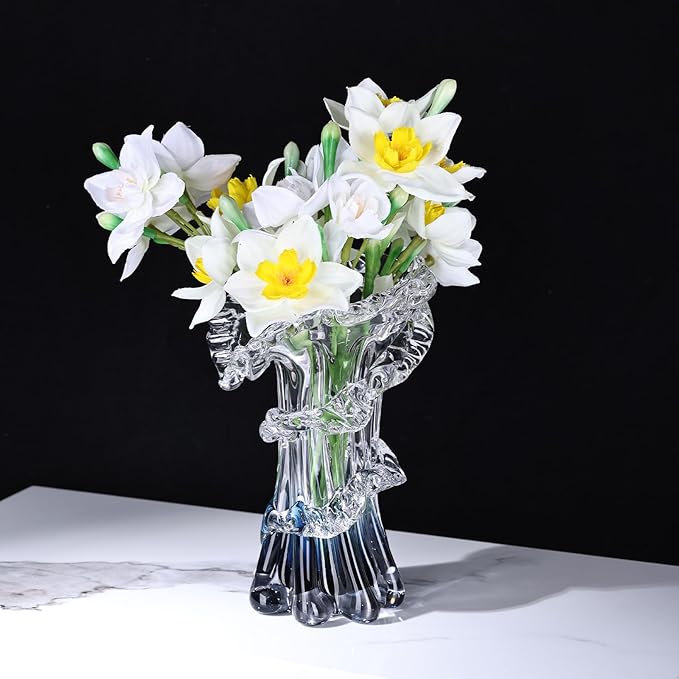 8.1" H Blue Ocean Wave Vase, Blown Glass Vase, Unique Modern Art Beautiful Hand Blown Coastal Centerpieces for Living Room, Bedroom, Office Desktop, Coffee Table, and Wedding Decorative (S)