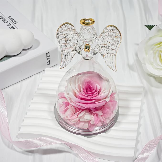 Sunia Preserved Flower Rose Gift for Women - Mother's Day Birthday Gifts for Mom Wife Grandma, Glass Angel Figurines Forever Real Roses Gifts for Her Valentine Day Thanksgiving﻿ (Gradient Pink)