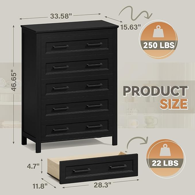 JUMMICO Black Dresser Tall for Bedroom,Wooden 5 Drawer Dresser for Nursery,Chest of Drawers for Bedroom, Closet Storage Organizer for Living Room, Hallway, Closet