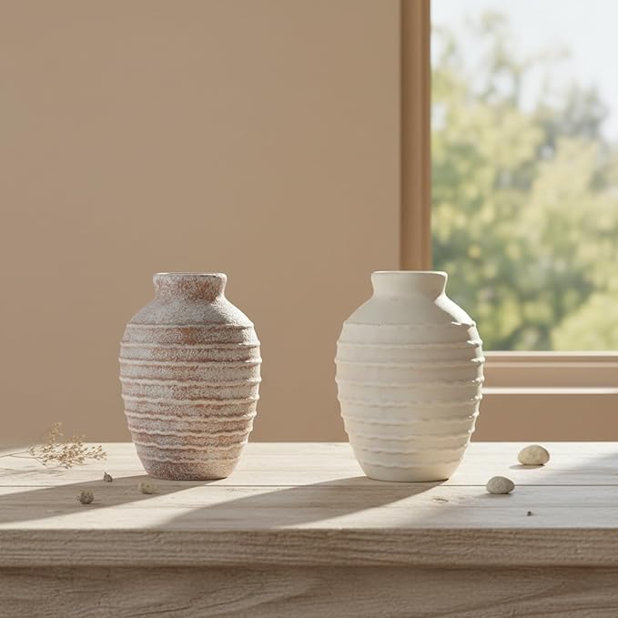 Ceramic Flower Vase 7.3 Inch Modern Farmhouse Vases Rustic Decorative Vase Home Decor Minimalist Handcrafted Pottery Terracotta Centerpiece Vases for Living Room,Bedroom,Table,Weddings,Office-White