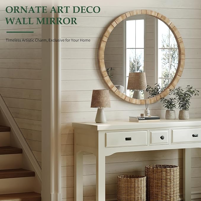 Wood Round Wall Mirror - 31.5" Farmhouse Rustic Wall Decorative Mirrors, Wooden Circle Boho Accent Mirror for Living Room, Bedroom, Bathroom, Hallway, Fireplace, (Natural)
