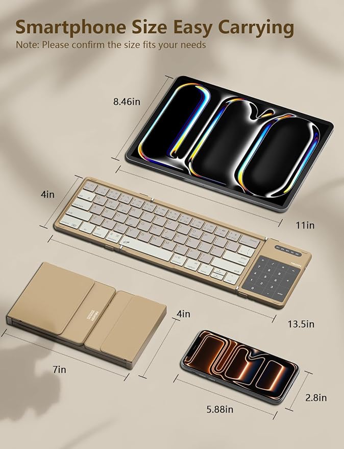 Nillkin Foldable Bluetooth Keyboard with Touchpad & Number Pad, Portable Bluetooth Keyboard with Full Size Keys, Pocket-Sized Wireless Travel Keyboards for iPad, Smartphone, Tablet and Laptop Khaki