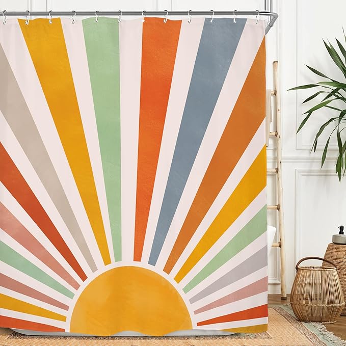 Miyotaa Colorful Sun Rainbow Retro Shower Curtain Set 60Wx71H Inches Minimalist Art Girls Abstract 70s Aesthetic Vintage Pastel Polyester Waterproof Cloth Bathroom Curtain with 12 Hooks