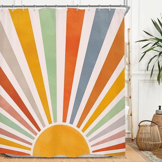 Miyotaa Colorful Sun Rainbow Retro Shower Curtain Set 60Wx71H Inches Minimalist Art Girls Abstract 70s Aesthetic Vintage Pastel Polyester Waterproof Cloth Bathroom Curtain with 12 Hooks