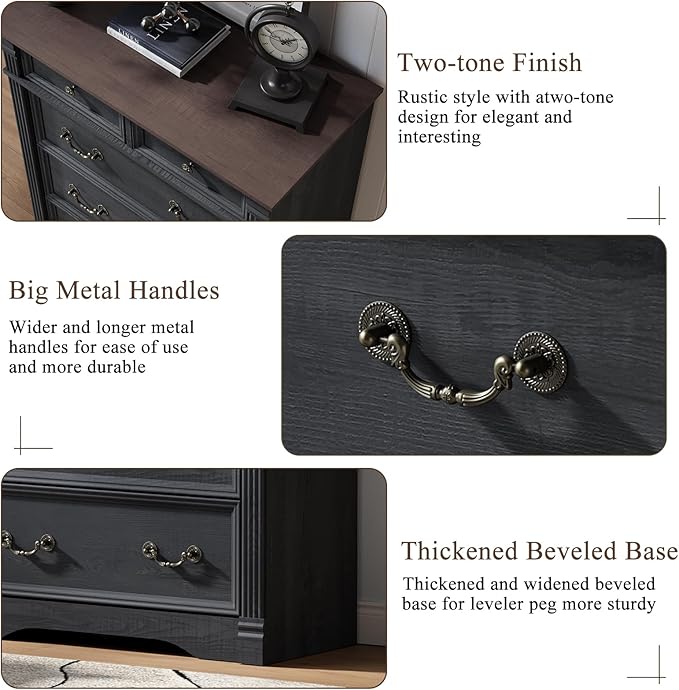 Black 6 Drawers Dresser, 47" Tall Dresser for Bedroom, Wood Rustic Tall Chest of Drawers with Chic Wood Pilasters, Farmhouse Dressers Organizer for Bedroom, Hallway