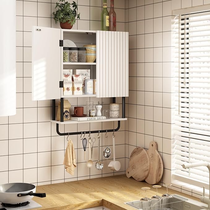RUSTOWN Fluted Bathroom Wall Cabinet with 2 Doors, 3-Tier Modern Farmhouse Medicine Cabinet, Over the Toilet Storage Cabinet with Adjustable Shelf and Towel Bar (White, Medium)