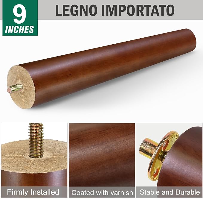 FoDau770 Brown Rubber Wood Furniture Legs 9 Inches, Straight Tapered Wood Feet Mid Century Sofa Legs Set of 4, 5/16" UNC Furniture Feet for Cabinet Couch Dresser Chair Ottoman Table