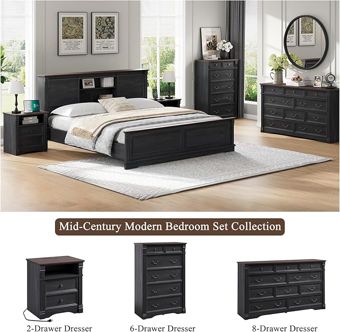 Farmhouse 10 Drawers Dresser, 59" Wide Rustic Chest of Drawers, Black Dresser for Bedroom with Chic Wood Pilasters, Storage Organizer for Living Room, Hallway