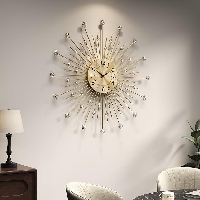 Cuspin 24 Inch Gold Wall Clock, Decorative Crystal Sunburst Mid Century Modern Clocks for Living Room Decor, Luxury Battery Operated Metal Clock Silent Non Ticking for Home Ddecor