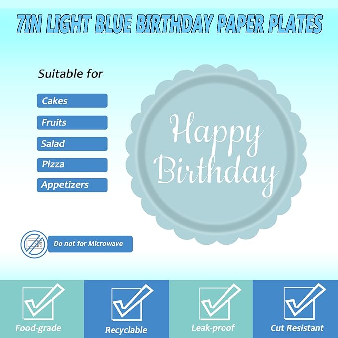 72PCS Light Blue Paper Plates Happy Birthday 7 Inch Scalloped Dessert Plate and Napkins Forks Disposable Cake Salad Fruit Decorative Party Tableware for Birthday Baby Shower Garden Party, Serve 24