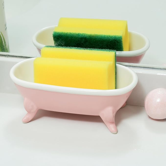 6.7" Ceramic Mini Clawfoot Bathtub Bar Soap Dish, Decorative Bar Soap Holder, Soap Tray Sponge Holder for Shower, Bathroom & Kitchen Sink (Pink)