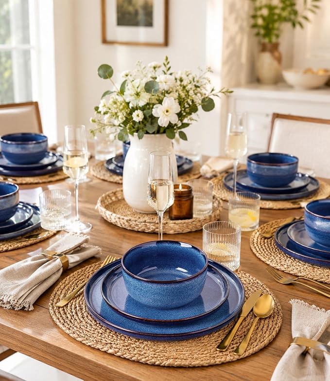 GBHOME Dinnerware Sets for 4, 12 Pieces Stoneware Plates and Bowls Sets, Scratch Resistant Ceramic Dishes, Dishwasher & Microwave Safe, Reactive Glaze-Sea Blue