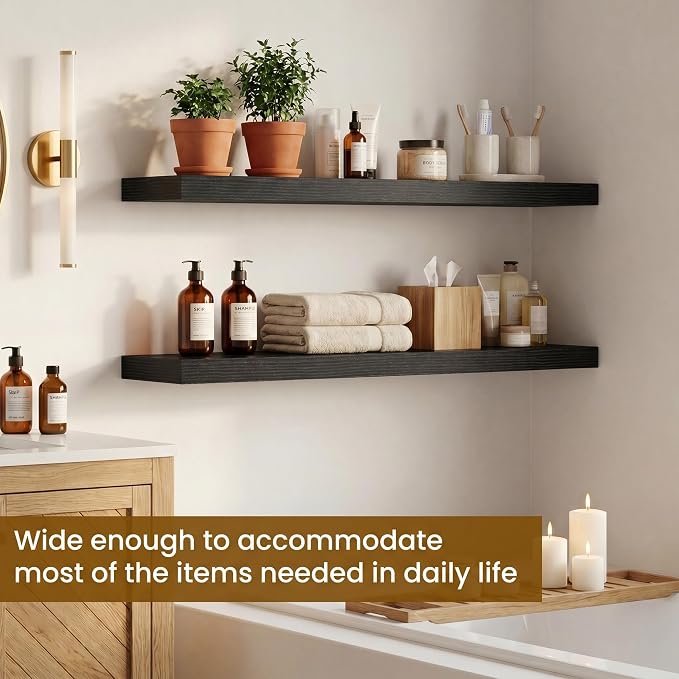 Dreamland 32inch Floating Shelves for Wall, Rustic Black Floating Shelves for Bathroom|Bedroom|Kitchen, Deep Wall Mounted Book Shelf, Wood Storage Display Shelf for Home Decor, Set of 2