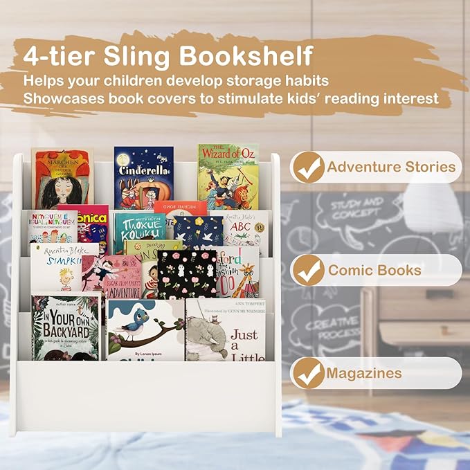 HONEY JOY Kids Bookshelf, 4-Tier Wooden Toddler Bookcase, Children Book Rack & Magazine Display Shelf, Toy Storage Organizer, Book Shelf for Kids Rooms, Playroom, Nursery, Classroom (White)