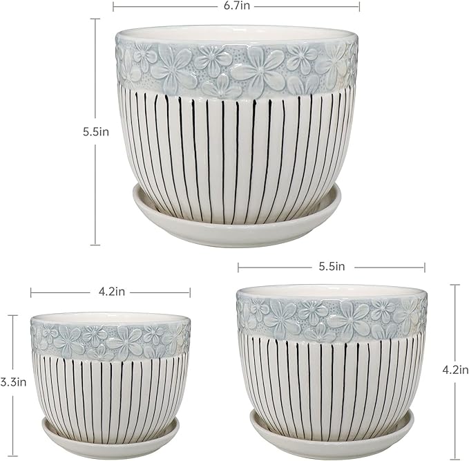 Ton Sin Grey Flower Pots, Texture Planter for Indoor Plants Set of 3 Ceramic Flower Pots with Saucer, Cute Garden Pots Succulent Pots, 6.75/5.6/4.2 Inch, Indoor Outdoor Home Garden Decor