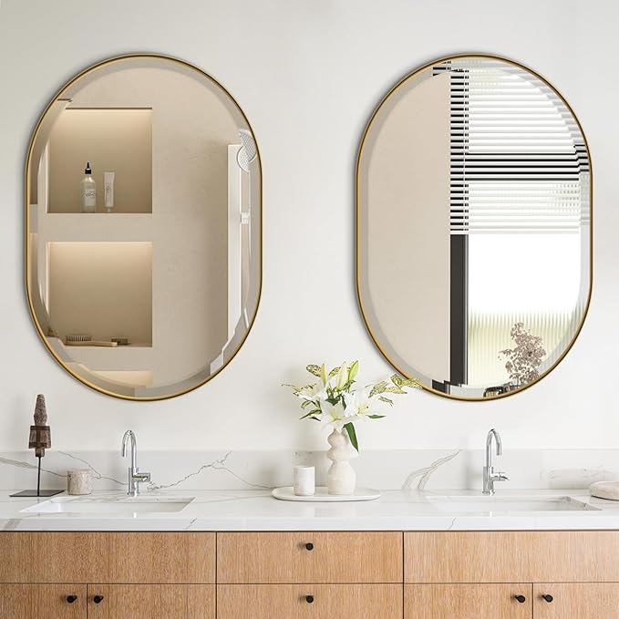 POZINO Oval Beveled Mirror, 22"x30" Brushed Gold Bathroom Vanity Mirror Over Sink, Pill Shaped Capsule Wall Mounted Mirrors for Living Room Bedroom Entryway, Hangs Vertically or Horizontally