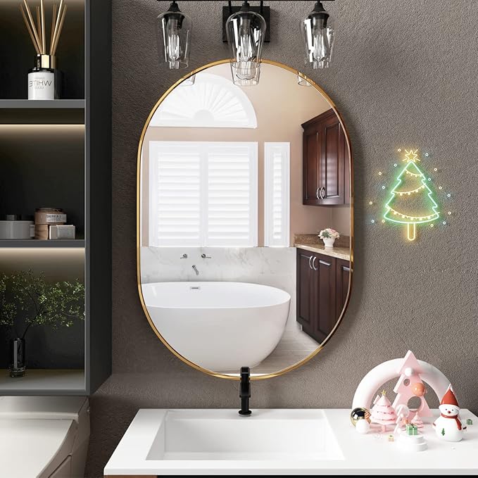 Oval Bathroom Mirror Capsule Wall Vanity Mirror, 24"x36" Pill Mirrors Wall Mounted Mirror, Large Modern Mirror with Gold Metal Frame, Decor for Entryway, Bedroom