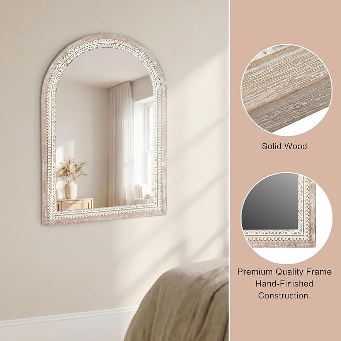 24 * 32 inch Arched Wall Mounted Mirror, Wood Decorative Mirrors, Boho Mirrors with Beaded Frame, Rustic Vanity Mirror, Distressed Mirror for Bathroom, Living Room, Bedroom, Entryway