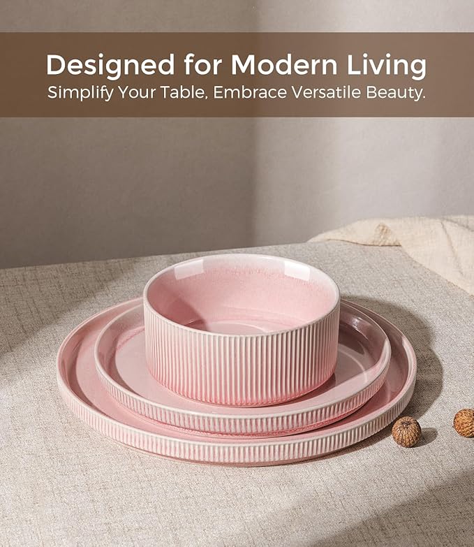 GBHOME 12-Piece Stoneware Dinnerware Set for 4 – Ribbed Ceramic Plates and Bowls, Scratch-Resistant, Microwave & Dishwasher Safe, Reactive Glaze, Blush Veil