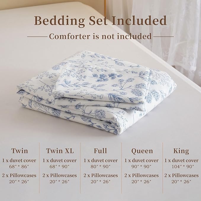 EAVD Cotton Bed Linen Set, Twin XL - Vintage Style Garden Blue Floral Duvet Cover with 2 Pillowcases