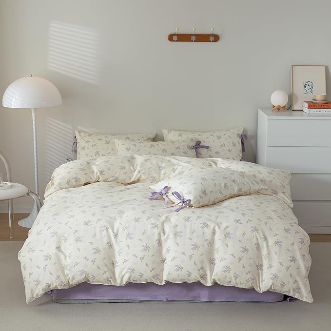 EAVD Lavender Floral Duvet Cover Queen Soft 100% Cotton Chic Lilac Floral Bedding Set with 2 Pillowcases Fresh Garden Botanical Duvet Cover with Zipper Closure