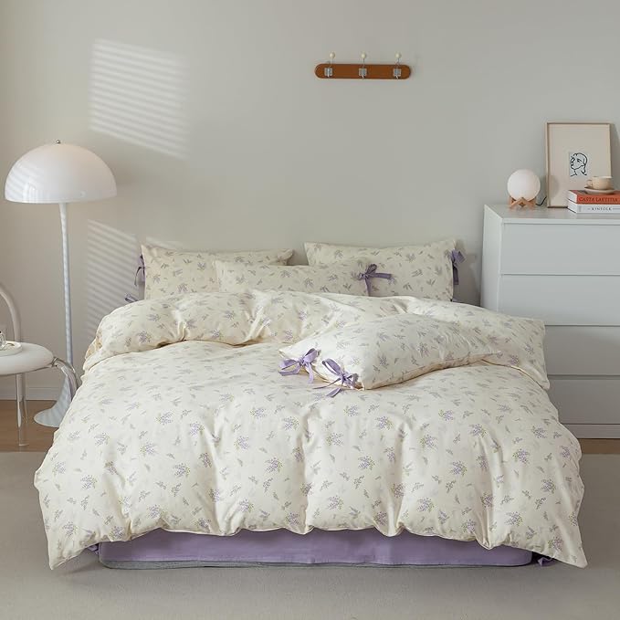 EAVD Girls Floral Duvet Cover Twin Soft 100% Cotton Chic Purple Lavender Floral Bedding Set with 2 Pillowcases Fresh Garden Botanical Duvet Cover with Zipper Closure Ties