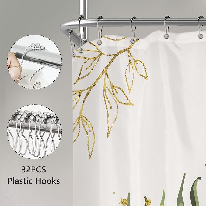 Extra Wide Boho Shower Curtain 180Wx70H Wrap Around Clawfoot Tub Curtain Sage Green Modern Bohemian Abstract Gold Leaves Mid Century Bathroom Decor Minimalist Bath Fabric Polyester 32 Pack Hook