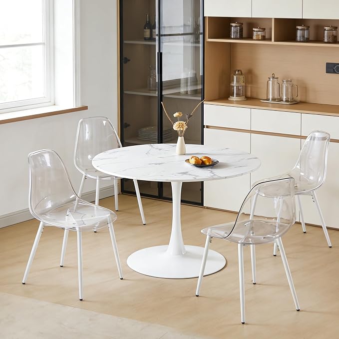 42" Tulip Table for 4-6 Persons Modern Round Dining Table, Mid-Century Modern White Marble Small Kitchen Table with MDF Wooden Top, Leisure Coffee Table for Living Room, Dining Room, Office