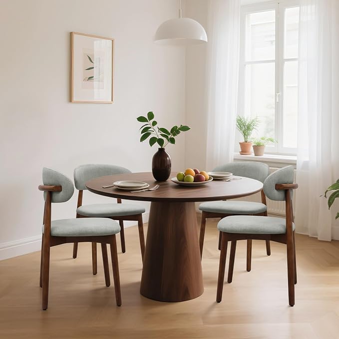 Farmhouse Dining Chairs Set of 8, Mid Century Modern Fabric Upholstered Kitchen Chairs, Wooden Dining Room Chair with Curved Back for Kitchen Dining Room Restaurant Cafe, Light Green (Only Chairs)