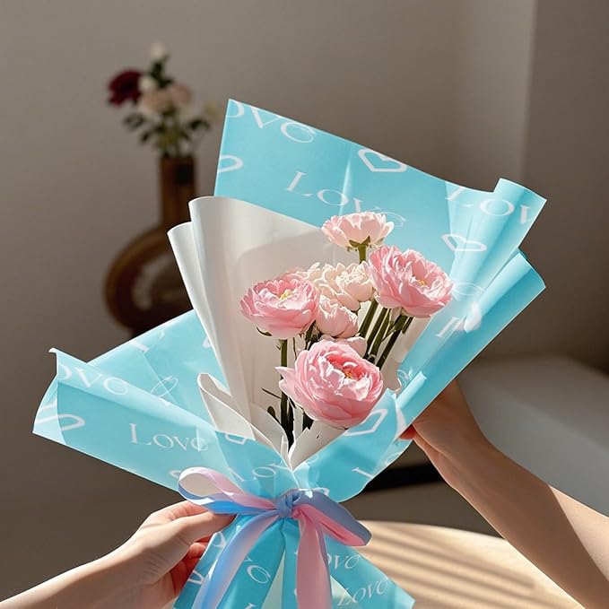 WRAPAHOLIC 20 Sheets Flower Wrapping Paper - 22.4 x 22.4 inch Blue Love with Heart Water-Resistant Floral Bouquet Wrapping Paper, Florist Supplies Packaging for Wedding Birthday Gift DIY