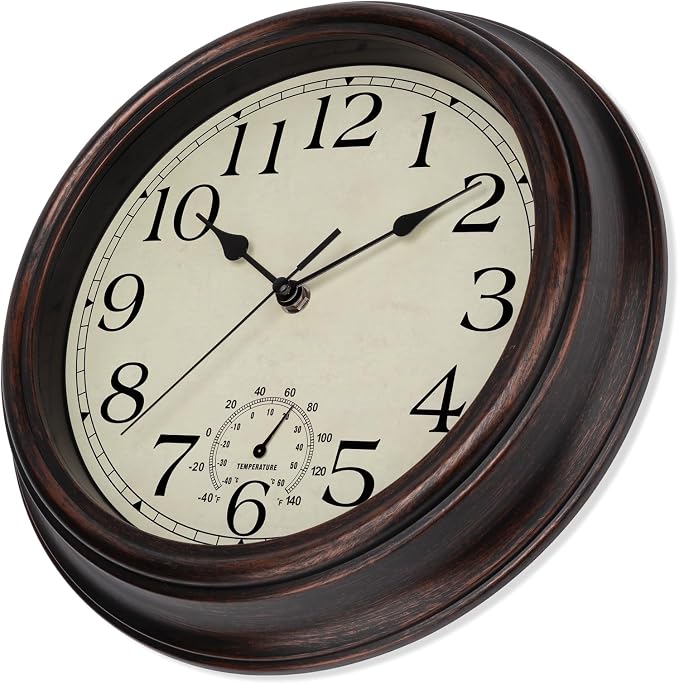 Foxtop Indoor Outdoor Waterproof Wall Clock with Thermometer, 12 Inch Retro Silent Non-Ticking Battery Operated Quartz Round Outdoor Clocks for Patio Pool Bathroom Porch (Bronze)
