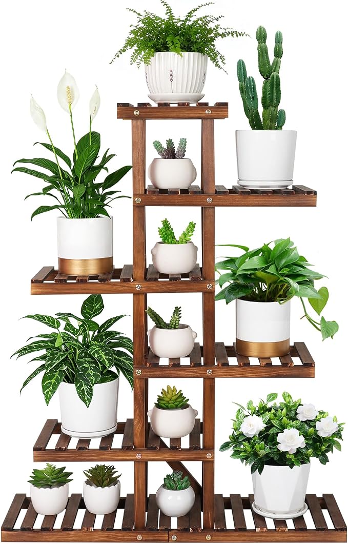 6 Tiered Wood Indoor Plant Stand for Multiple Plants ,Narrow Corner Potted Plant Shelf Holder Rack , Multi Rustic Flower Stand Shelves for Patio,Corner,Apartment,Outdoor,38.2"" Tall