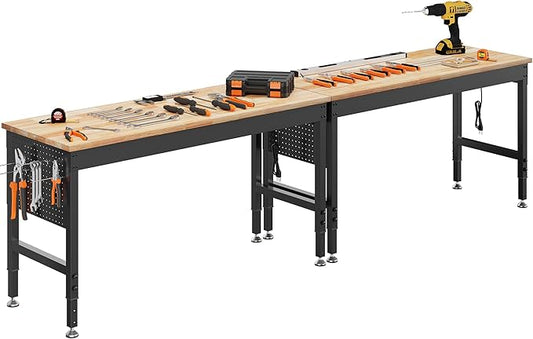 120" Adjustable Heavy Duty Workbench, 2000 LBS Load Capacity Rubber Wood Work Table with Pegboard, Power Outlets, Work Bench for Garage, Workshop, Office, Home, Commercial, Ships in 2 Boxes