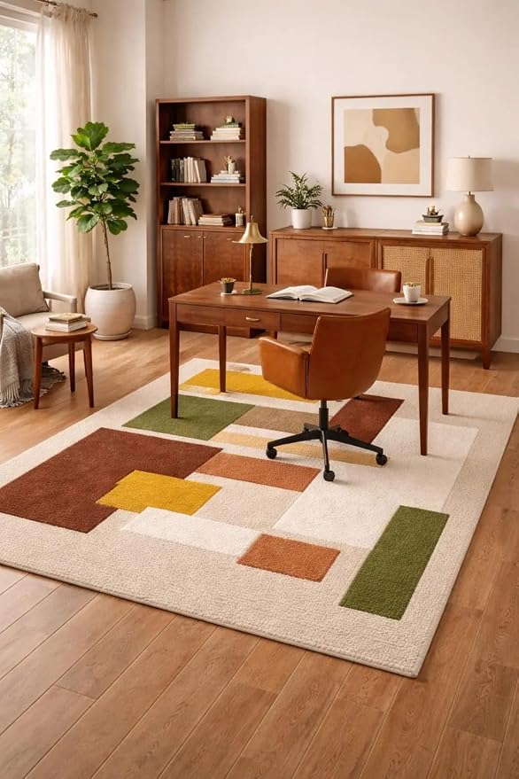 Hand Tufted Wool Geometric Rug-Mid-Century Modern Abstract Geometric Wool Earth Tone Green, Mustard & Terracotta Rug - Handmade Tufted Area Rug for Home Decor (3x5 Square Feet)