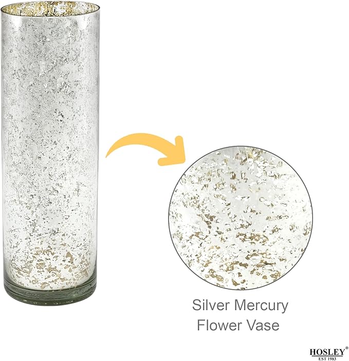 Hosley Silver Mercury Glass Vase Set of 2 Pcs, Large Glass Vases for Flowers, Vases in Bulk, Vintage for Centerpieces, Ideal for Home Décor, Livingroom, Office, Spa