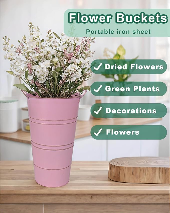 12 Inch Galvanized Metal Vases for Flowers - 2 Pcs Farmhouse Decorative Tall Flower Bucket with Handles, Rustic French Tin Planter Buckets for Wedding Decor (Pink)