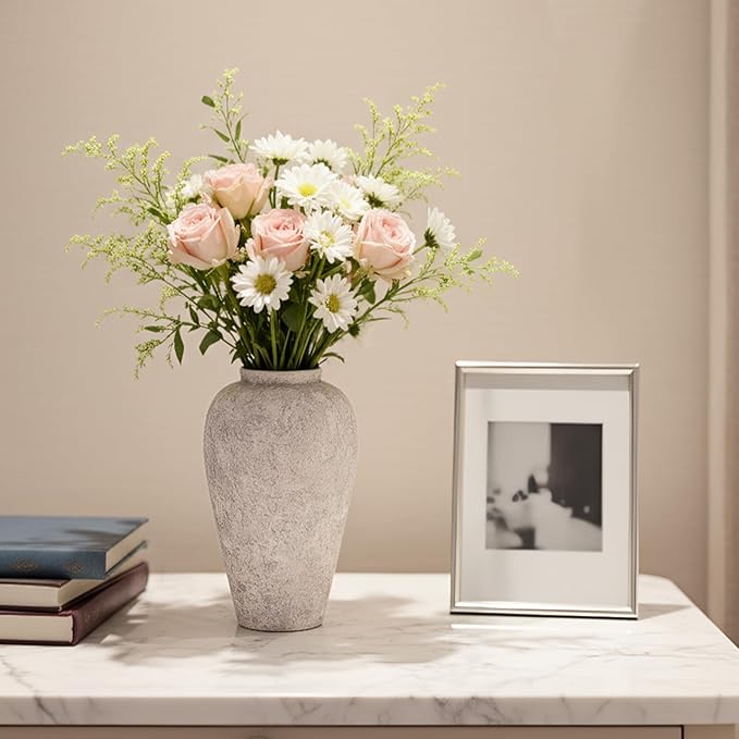 Ceramic Flower Vase Home Decor - 9.2 inch Large Farmhouse Table Vases, Rustic Decorative Vases for Kitchen Living Room Coffee Dining ShelfMantel Decoration