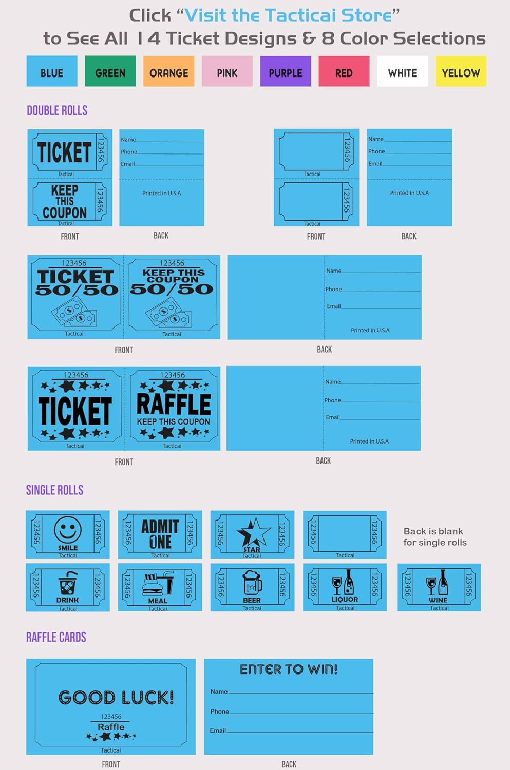 Tacticai 1000 Raffle Tickets - Blue Single Roll for Events, Fundraisers & Prizes