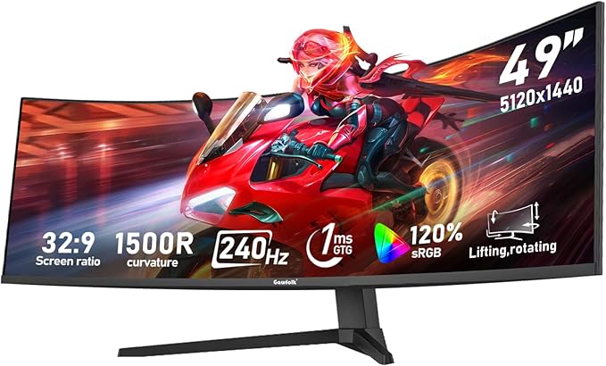Gawfolk 49 inch Ultra-Wide Curved 1500R Gaming Computer Monitor, DQHD(5120×1440), 240Hz, 1MS, FreeSync, 120% sRGB, Height Adjustable PC Screen, HDMI2.1 & DP1.4, Compatible Wall Mount 75 * 75mm-Black