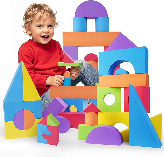 Large Building Foam Blocks for Toddlers, EVA Stacking Foam Building Blocks Toy Set, Non-Toxic, Washable, Early Learning Construction Toys & Gifts for Kids Boys & Girls (Blue, Pieces, 60)