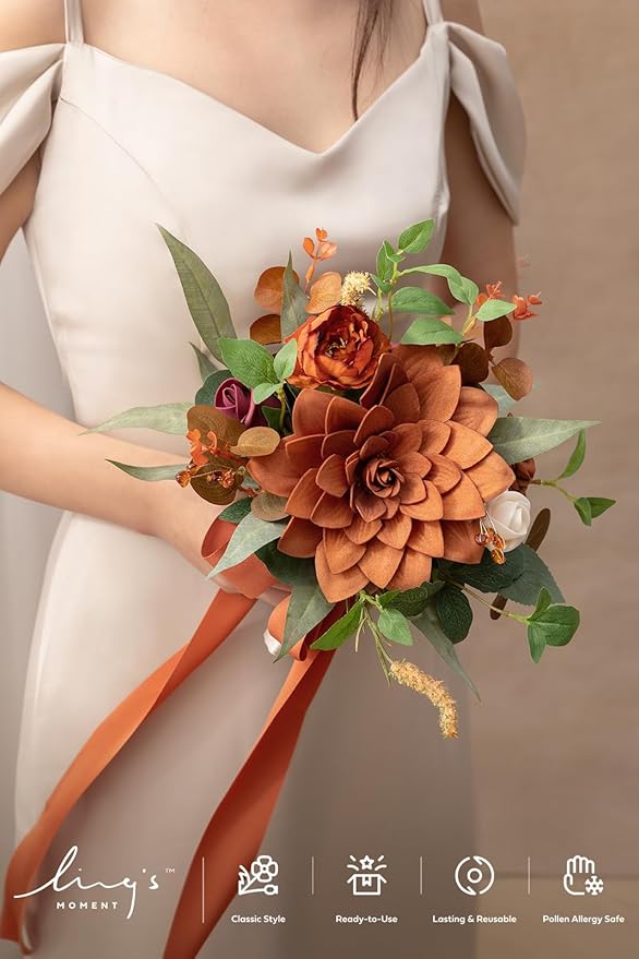 Ling's moment Burnt Orange Bridesmaid Bouquet, Terracotta Wedding Bouquets for Bridesmaids, 7 Inch Bridal Bouquets for Bridesmaids, Wedding, Ceremony, Anniversary, etc.