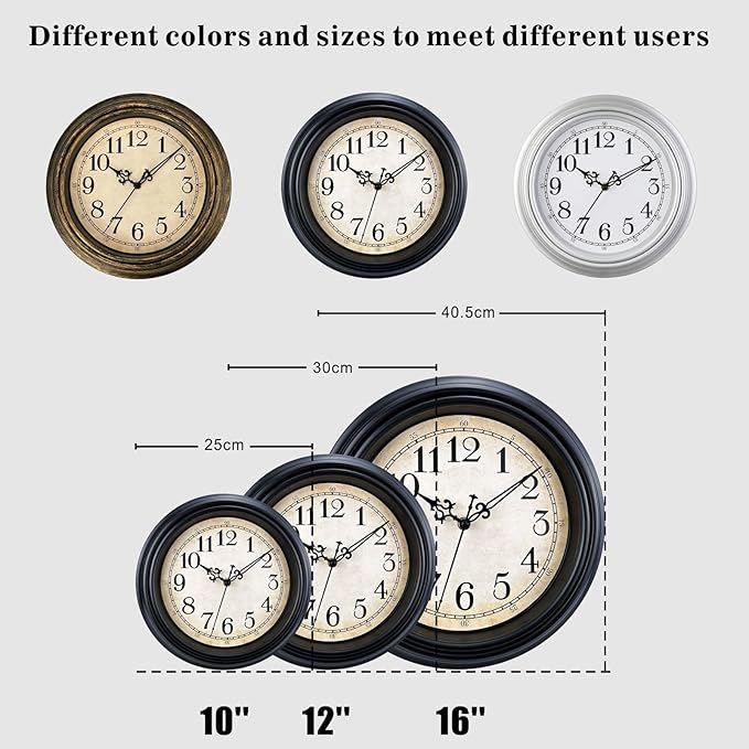 Plumeet Small Retro Wall Clock, 10'' Non Ticking Classic Silent Vintage Wall Clocks Decorative Kitchen Living Room Bedroom - Battery Operated, Black