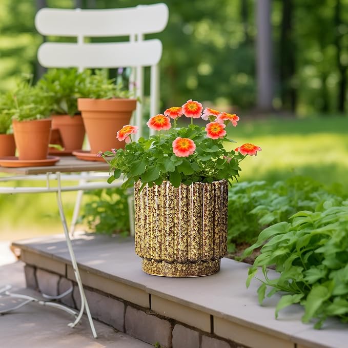 Ceramicfor Ceramic Planter, 9.6 Inch, Yellow | Round Flower Pot, Drainage Hole, Fluted Design, Indoor & Outdoor Use