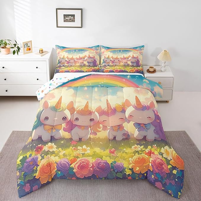 Unicorn Comforter Set King Size,Reversible Cute Unicorn Rainbow Cartoon Horse Animal Bedding Set All Season Quilt Set,Kawaii Style Flowers Galaxy Cloud Microfiber Polyester Down Comforter