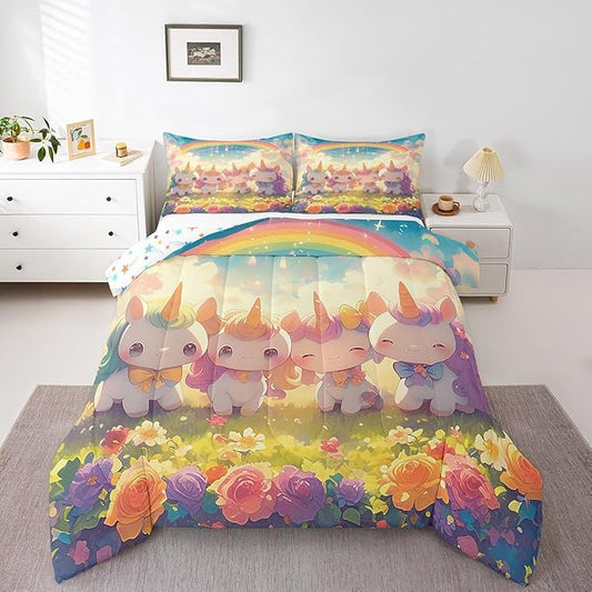 Unicorn Comforter Set King Size,Reversible Cute Unicorn Rainbow Cartoon Horse Animal Bedding Set All Season Quilt Set,Kawaii Style Flowers Galaxy Cloud Microfiber Polyester Down Comforter