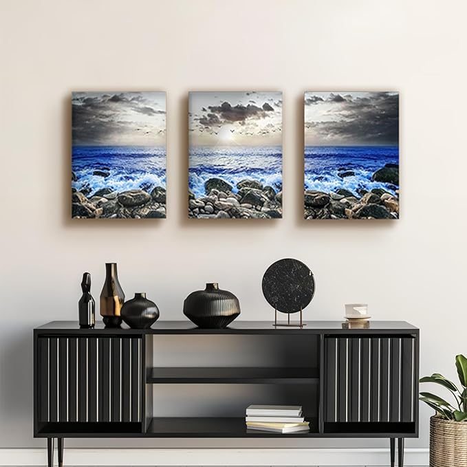SERIMINO Beach Wall Art, Coastal Wall Art, Ocean Wall Decor, Modern Landscape Paintings Art Prints 3 Pieces Set, Seaside Canvas Pictures for Living Room Bedroom Bathroom Home Office Decoration 20"X28"