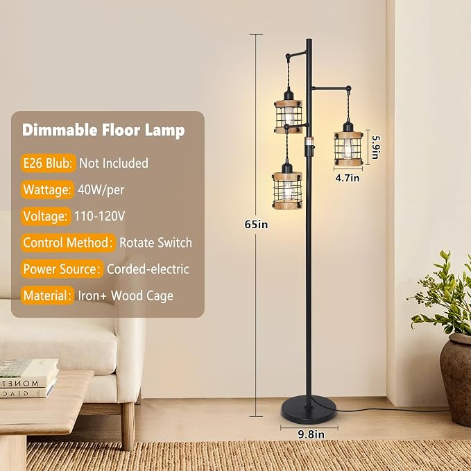 Vintage Wood Floor Lamp for Bedroom, Dimmable Floor Lamps for Living Room, Industrial Standing Lamp Farmhouse Tall Lamp for Office Home, Rustic Corner Floor Lamp Metal Black Pole Lamp